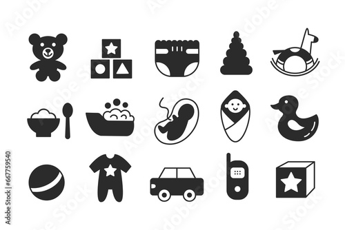 Newborn Baby Accessories, Goods Glyph Icons Set.