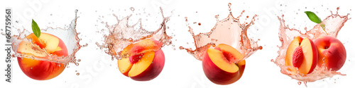 Collection of peaches with splashing water on white background