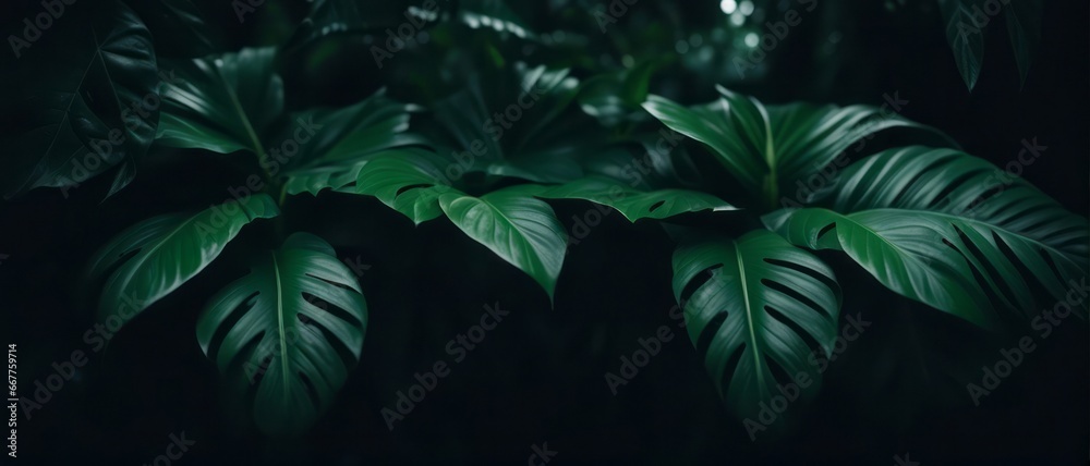 Tropical green leaves on dark background, nature summer forest plant concept Tropical green leaves on dark background, nature summer forest plant concept