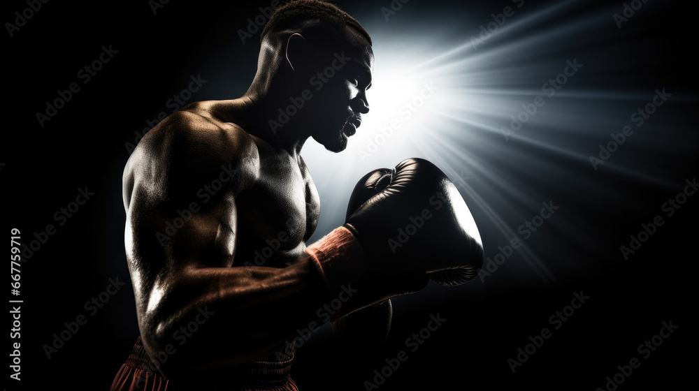 Determined Boxer Ready to Fight one a black background, 
portrait of a muscular man in profile, halo of light and white lens flare - obrazy, fototapety, plakaty 