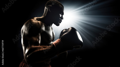 Determined Boxer Ready to Fight one a black background, portrait of a muscular man in profile, halo of light and white lens flare