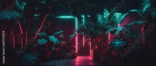 Tropical dark trend jungle in neon illuminated lighting. Exotic palms and plants in retro style