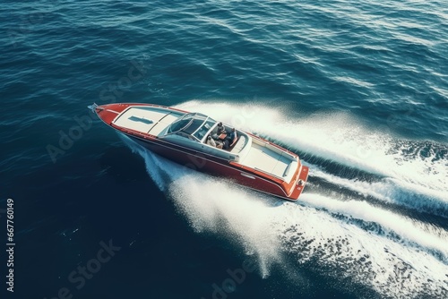 A picture of a red and white speed boat cruising through the ocean. Perfect for travel brochures and adventure-themed designs. © Fotograf