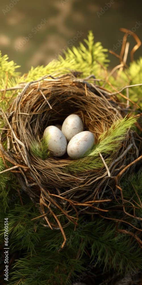 A picture of a bird nest with three eggs in it. This image can be used to depict the beauty of nature, new beginnings, and the nurturing instincts of birds A picture of a bird nest with three eggs in it. This image can be used to depict the beauty of nature, new beginnings, and the nurturing instincts of birds