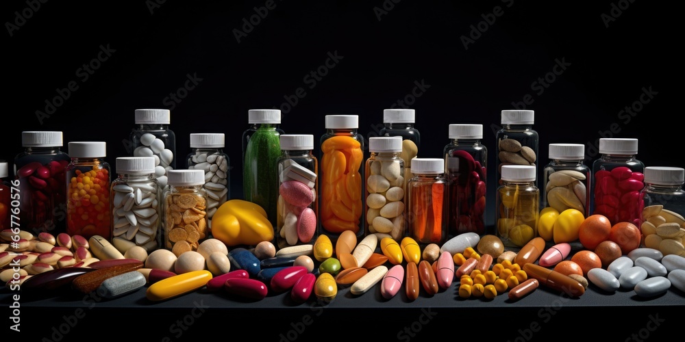 A collection of different pills and capsules neatly arranged on a table. This image can be used to represent the pharmaceutical industry, healthcare, medication, or medical research A collection of different pills and capsules neatly arranged on a table. This image can be used to represent the pharmaceutical industry, healthcare, medication, or medical research