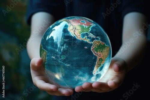 A person is holding a globe in their hands. This image can be used to represent concepts such as global connectivity  environmental awareness  or world travel