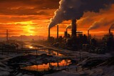 Sunset industrial landscape: factory, smokestacks, air pollution, environment impact. Generative AI