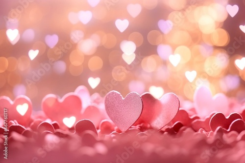 Pink Valentine's Day banner with blurred bokeh lights and glitter. Love and wedding concept. Generative AI
