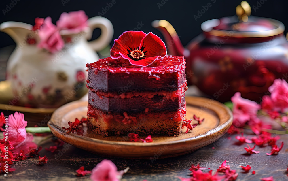 Hibiscus Flower Tea Flavor Red Cake in Plate with a Cup of Tea on Table Top Selective Focus