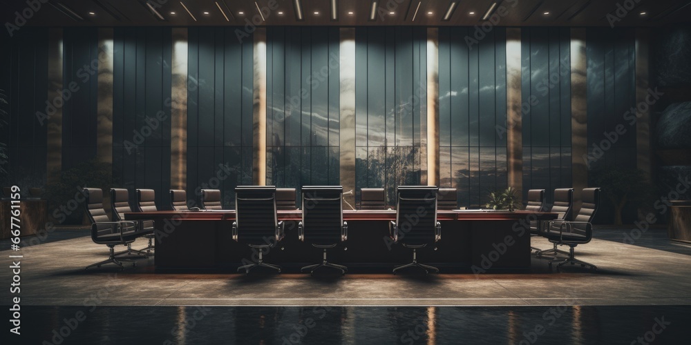 A picture of a conference table with chairs in a dark room. This image can be used to represent business meetings, negotiations, or discussions in a professional setting - obrazy, fototapety, plakaty 