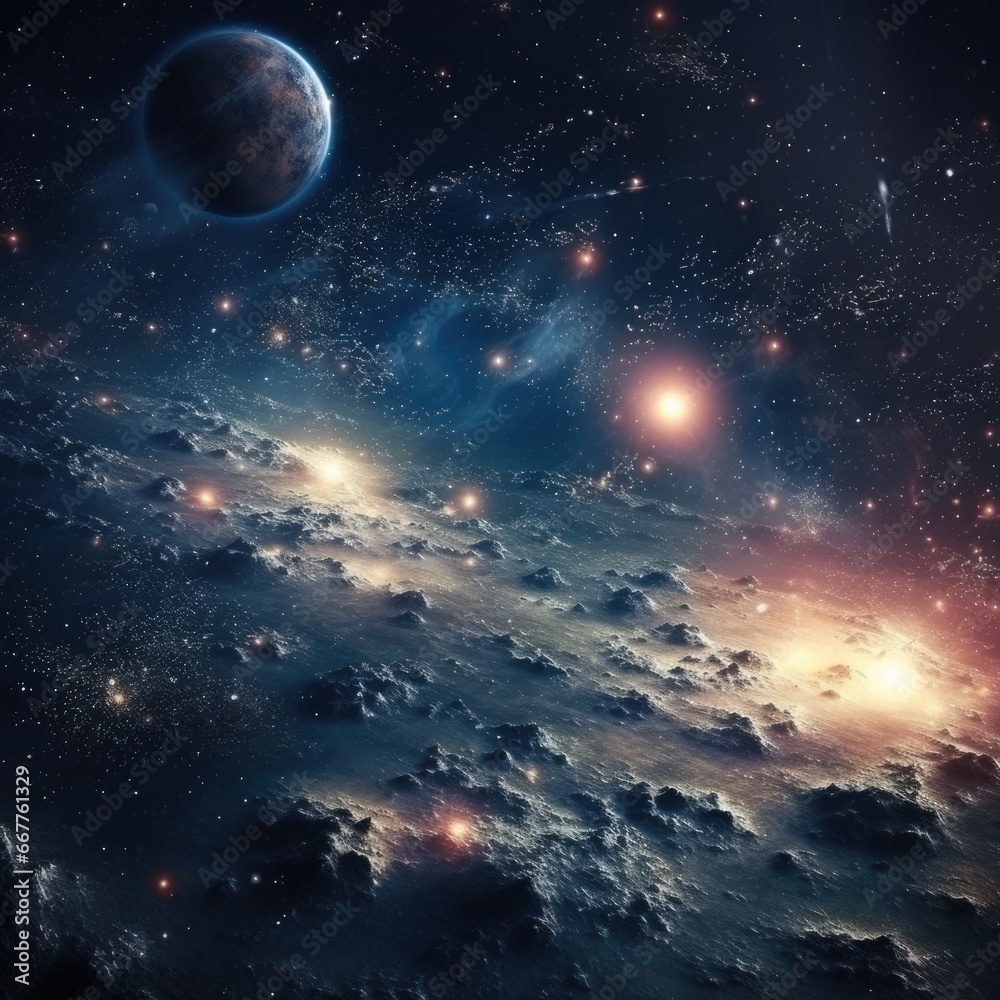 Obraz premium A captivating image of a space scene featuring stars and planets. Perfect for use in educational materials or as a background for digital projects