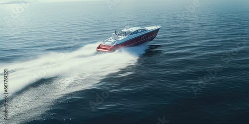 A vibrant red and white speed boat gliding through the vast expanse of the ocean. Perfect for illustrating the thrill of water sports and adventure on the high seas