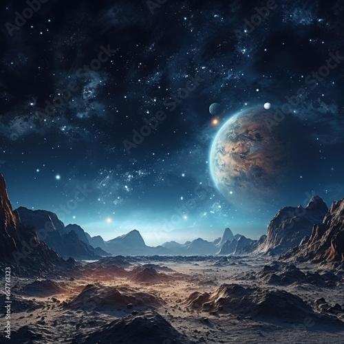 A breathtaking view of a distant planet with majestic mountains in the foreground. Perfect for space exploration or futuristic concept designs