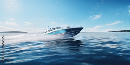 A speed boat racing through the water on a sunny day. Perfect for capturing the excitement of water sports and leisure activities