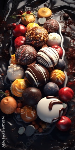 A picture of a black plate topped with a variety of delicious chocolates and fresh fruits.