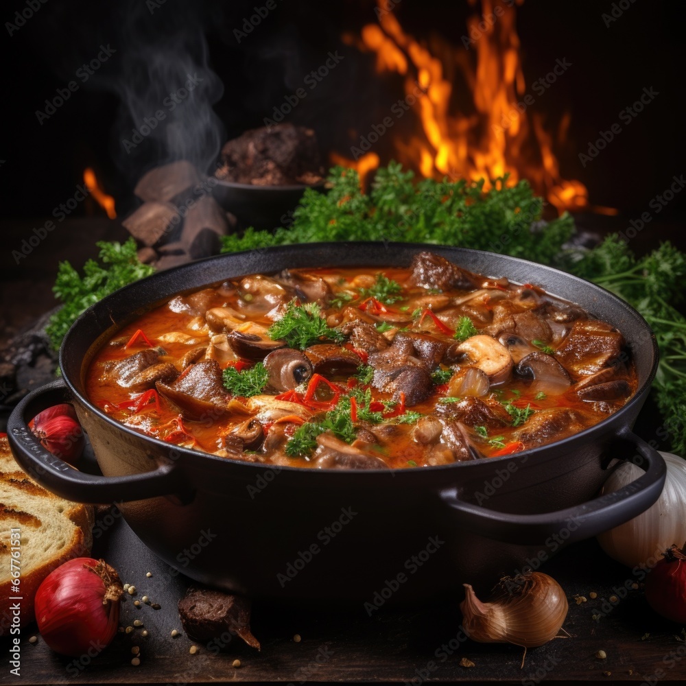 A pot of delicious stew with a combination of meat and vegetables is placed on a table. 