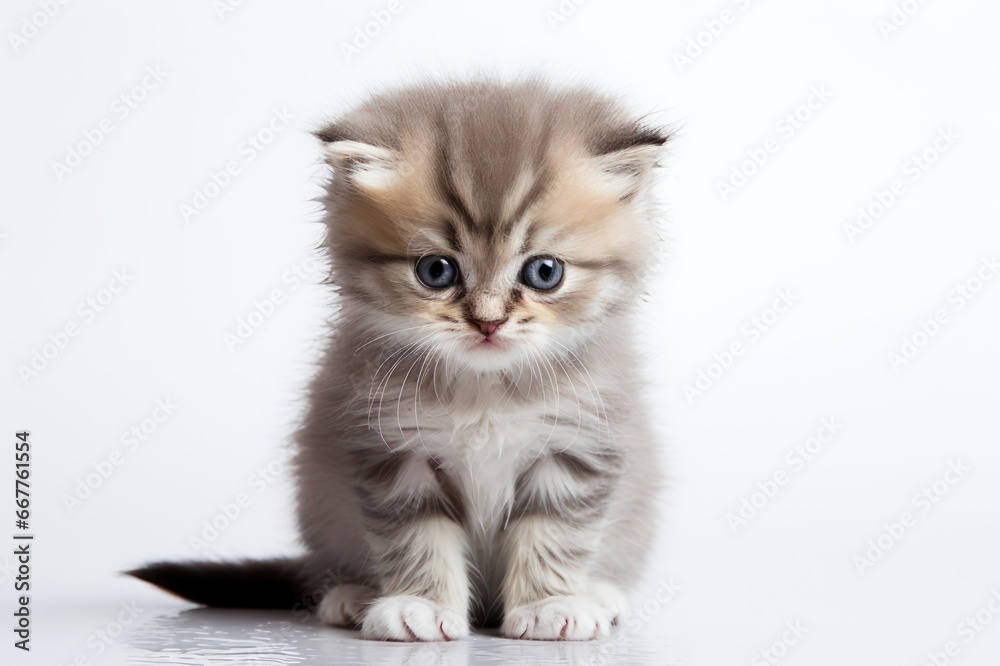 Sad droopy cat with full body view, white background.
