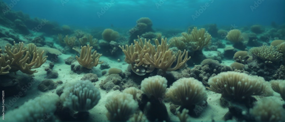 underwater photo blue background panorama ocean surface and bottom of the sea