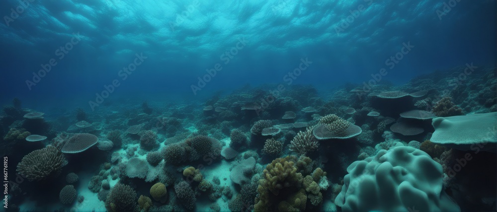 Obraz premium underwater photo blue background panorama ocean surface and bottom of the sea