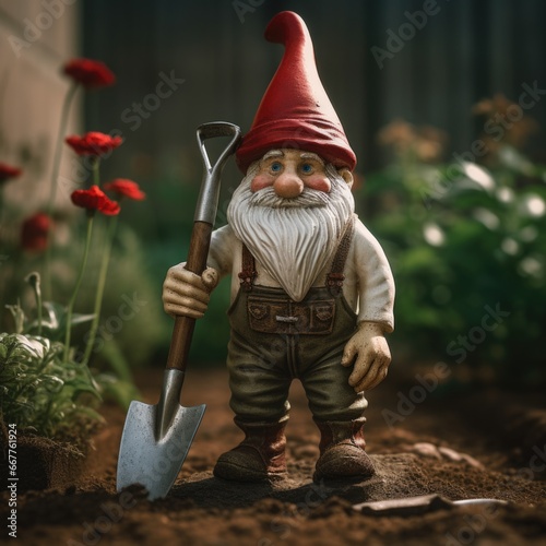 A garden gnome holding a shovel, ready for some gardening. Perfect for any gardening-related projects or designs
