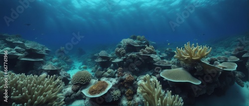 underwater photo blue background panorama ocean surface and bottom of the sea