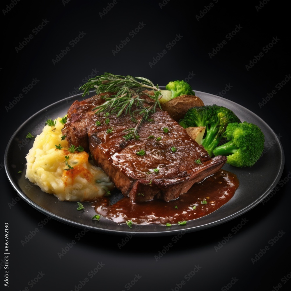 A delicious plate of food featuring meat, mashed potatoes, and broccoli. This versatile image can be used to showcase a hearty meal or to illustrate healthy eating habits A delicious plate of food featuring meat, mashed potatoes, and broccoli. This versatile image can be used to showcase a hearty meal or to illustrate healthy eating habits