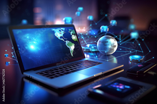 Tech devices and icons connected to digital planet earth, communication concept, business network, business concept, laptop and globe, global communication concept, Generative AI