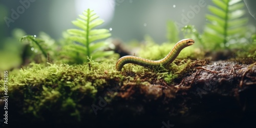 A small worm is crawling on a log covered in moss. This image can be used to depict nature, wildlife, or the concept of growth and adaptation in difficult environments