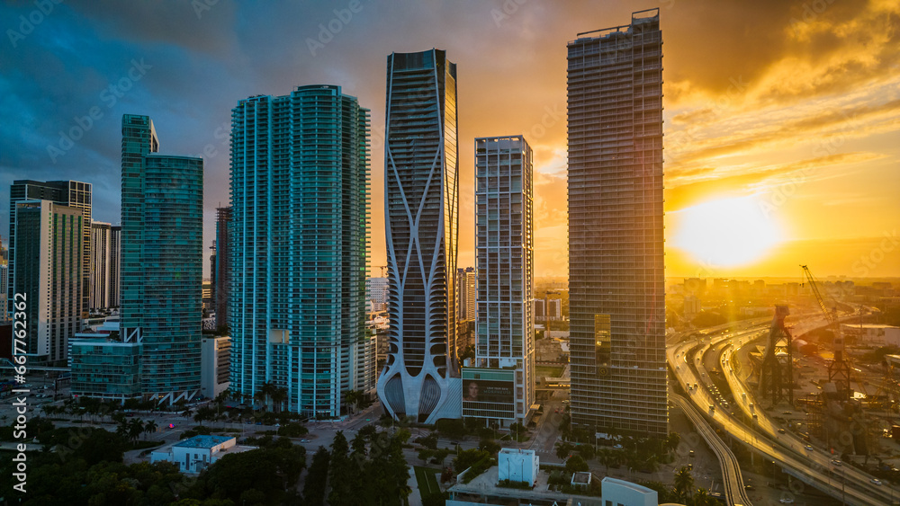 Naklejka premium Miami downtown at sunset aerial view of modern skyscraper buildings smart city 