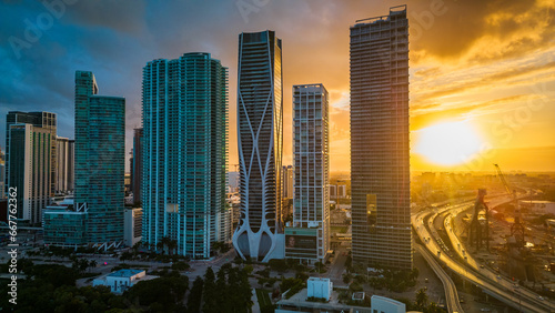 Miami downtown at sunset aerial view of modern skyscraper buildings smart city  © Michele