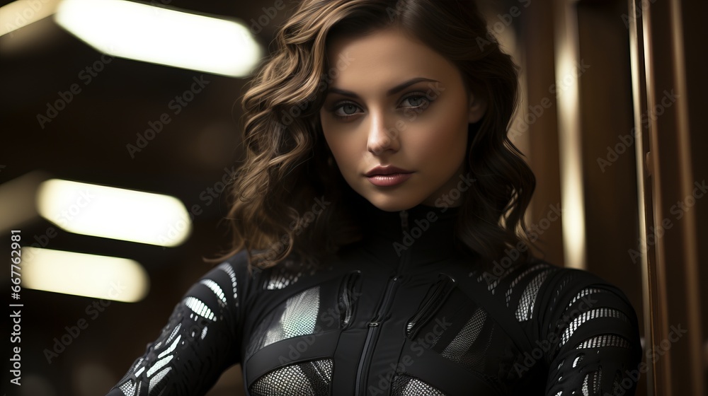 Naklejka premium A mysterious woman draped in a sleek black ensemble exudes confidence and sophistication, captivating all with her fashion-forward presence in the indoor setting
