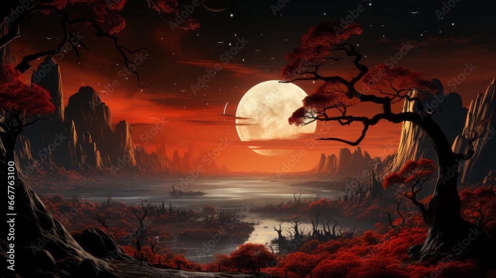 Obraz premium A fiery red moon hangs low in the sky, casting a spell over the tranquil river as the sun sets on the untamed landscape of nature