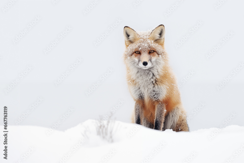 Portrait of a red fox sitting in the snow, wildlife in winter, white background with copy-space