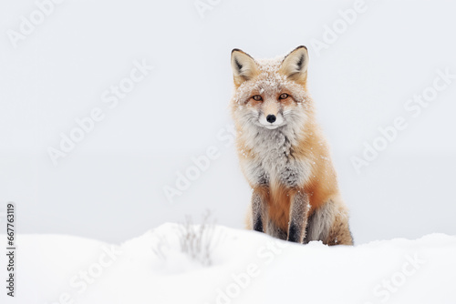 Portrait of a red fox sitting in the snow, wildlife in winter, white background with copy-space © Delphotostock