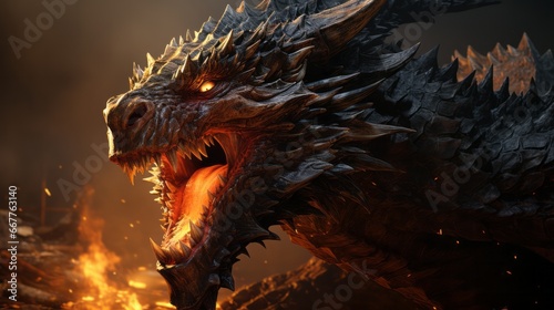 Fiery and fierce, a black dragon roars with primal power, its orange eyes piercing through the darkness as sharp spikes adorn its untamable form