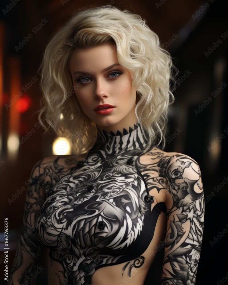 A strikingly bold model exudes raw femininity with her flesh as the canvas for her captivating tattoos, making a statement in the world of fashion and embodying the wild and fluid nature of womanhood A strikingly bold model exudes raw femininity with her flesh as the canvas for her captivating tattoos, making a statement in the world of fashion and embodying the wild and fluid nature of womanhood