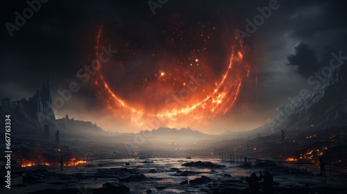 The night sky erupted with a fiery explosion as a blazing volcano raged against the mountain, its intense heat polluting the once pristine nature of the outdoor world