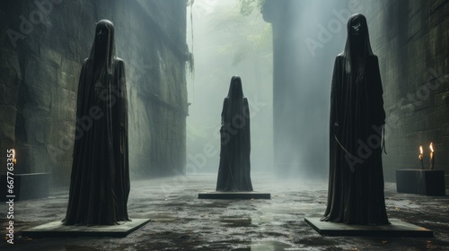 Black-robed statues stand stoically on the ground, their presence evoking a sense of mystery, authority, and timelessness photo