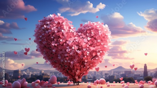 In a dreamy outdoor field  a heart-shaped tree blooming with pink flowers stands tall beneath a magenta sky  as fluffy clouds and a balloon add whimsy to the enchanting scene