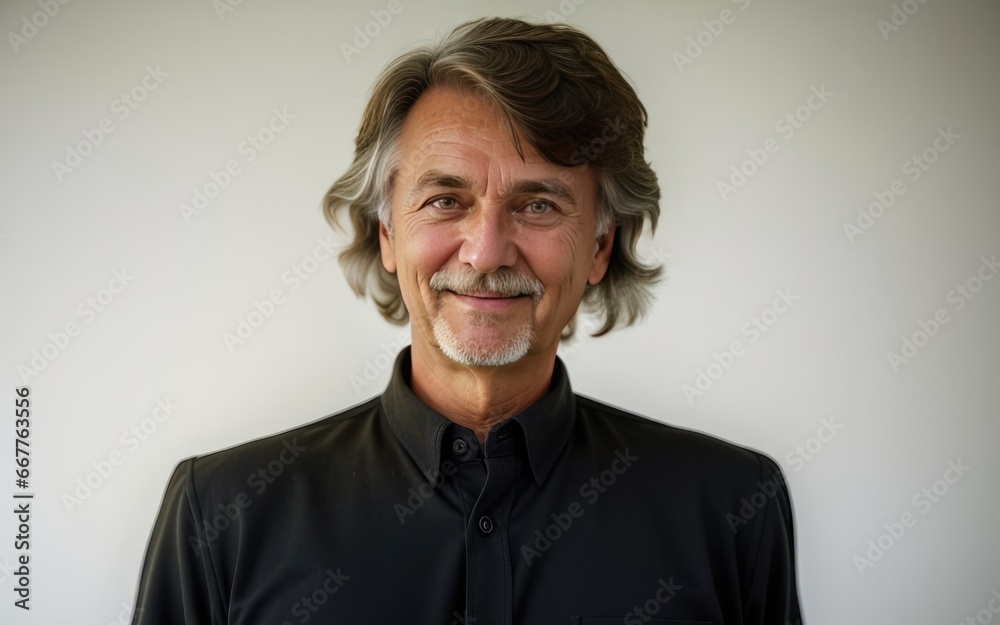 Portrait of Caucasian smiling bearded senior man wearing black jacket on silver background. Copy space. Generative Ai. Concept of advertising, psychology and business Portrait of Caucasian smiling bearded senior man wearing black jacket on silver background. Copy space. Generative Ai. Concept of advertising, psychology and business