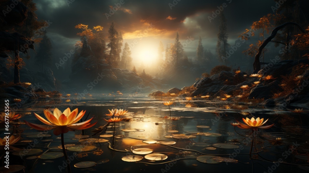As the moonlight dances on the rippling water, lily pads and trees sway in the tranquil outdoor landscape, reflecting the wild beauty of nature's flora in the stillness of the night