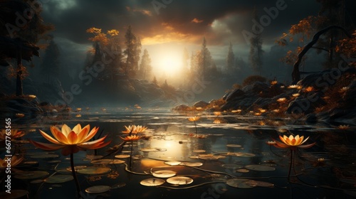 As the moonlight dances on the rippling water  lily pads and trees sway in the tranquil outdoor landscape  reflecting the wild beauty of nature s flora in the stillness of the night