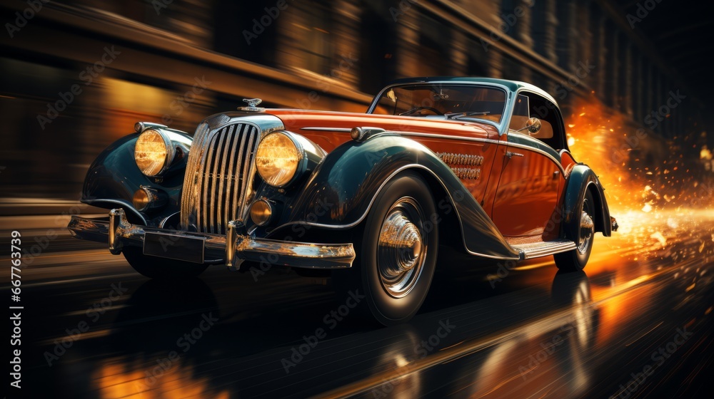 Roaring down the open road, a sleek vehicle with shining wheels and powerful headlamps races towards the horizon, leaving a trail of dust in its wake