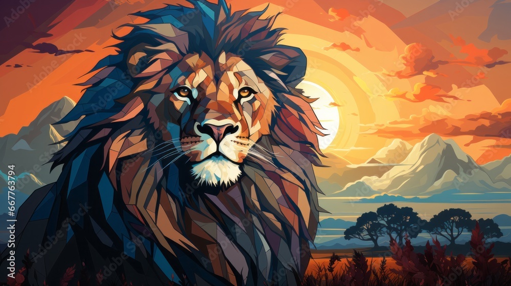 An animated masterpiece, the fierce lion roars with vibrant strokes of paint, embodying the untamed spirit of the animal kingdom in this whimsical cartoon illustration