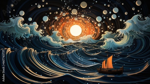 A vibrant, swirling painting of a boat lost in the vastness of the ocean, its circular form a symbol of the endless journey through life and the ever-changing nature of art photo