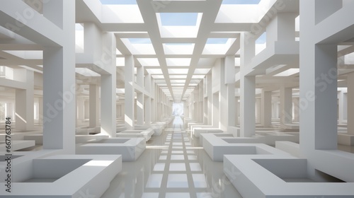 A mesmerizing symphony of natural light dances among the perfectly aligned columns, transforming the stark white room into a stunning work of architectural art, radiating both serenity and grandeur photo