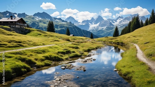 Idyllic mountain landscape in the Alps with blooming meadows in springtime, morning light, copy space, Generative AI