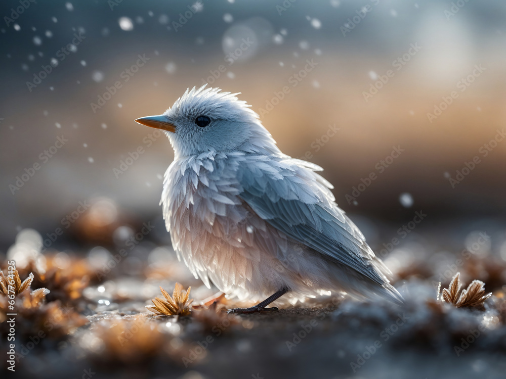 small bird with white feathers and snow falling on frozen ground and plants small bird with white feathers and snow falling on frozen ground and plants