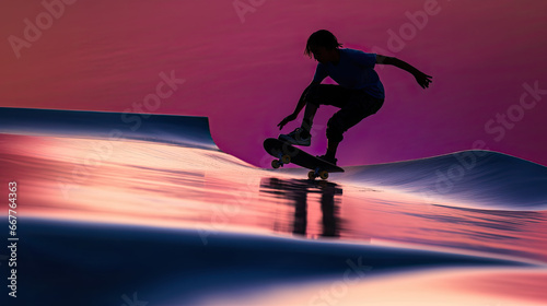 skateboard wallpaper banner with teenager in skate park  black silhouette and pink and purple background and reflection 