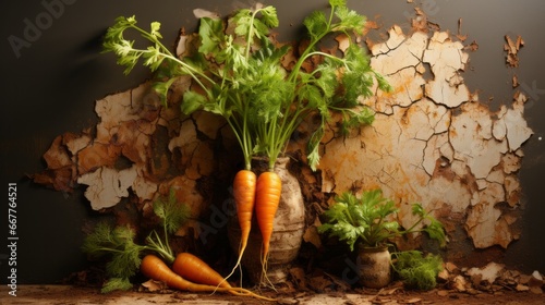 A vibrant burst of nature's bounty adorns the wall, as an orange carrot with lush green leaves stands tall in an indoor vase, a reminder of the beauty and nourishment found in the simplest of produce photo